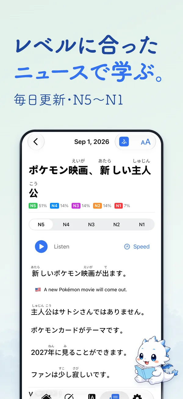 レベルに合った ニュースで学ぶ。 — 毎日更新・N5〜N1